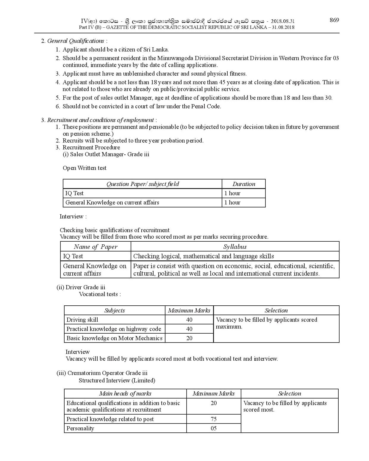 Market Supervisor, Driver, Crematorium Operator, K.K.S., Field Labourer - Minuwangoda Urban Council